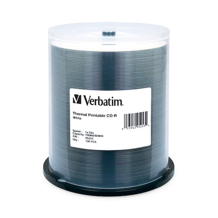 VERBATIM Disk, Cd-R 80 Min, White Thermal Printable100 Pk Spindle, 700Mb, 52X 95253